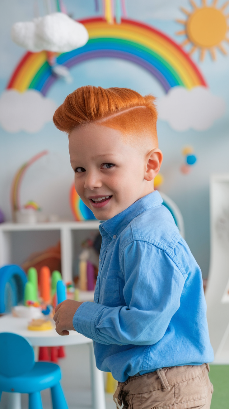 A young boy with ginger hair styled in a trendy haircut, smiling in a colorful room.