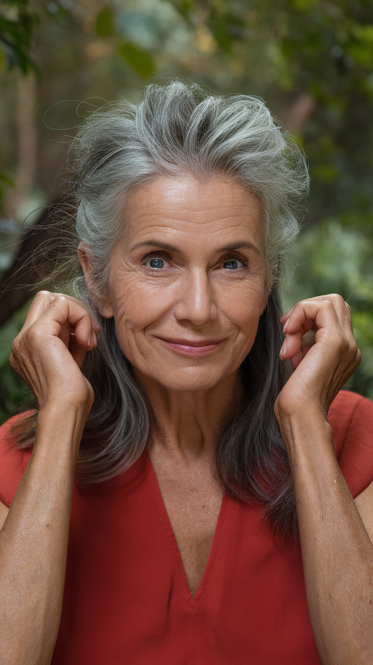 A woman in her 60s with styled gray hair, smiling in a natural setting.