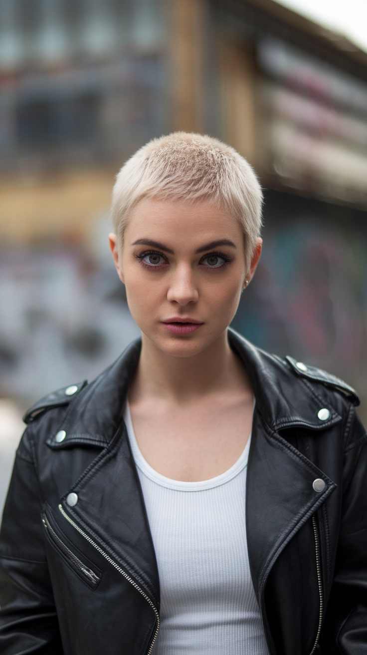 A woman with a short wolf cut hairstyle, wearing a black leather jacket.