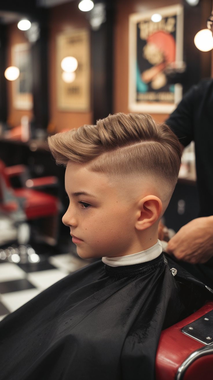 A young boy in a barbershop getting a stylish haircut with a fade and textured top.