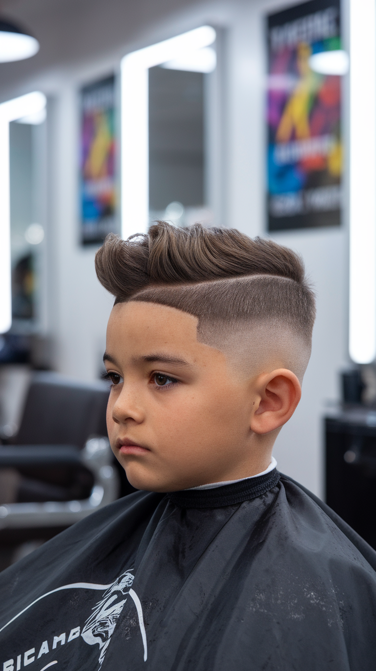 A young boy with a stylish fade haircut in a barber shop.