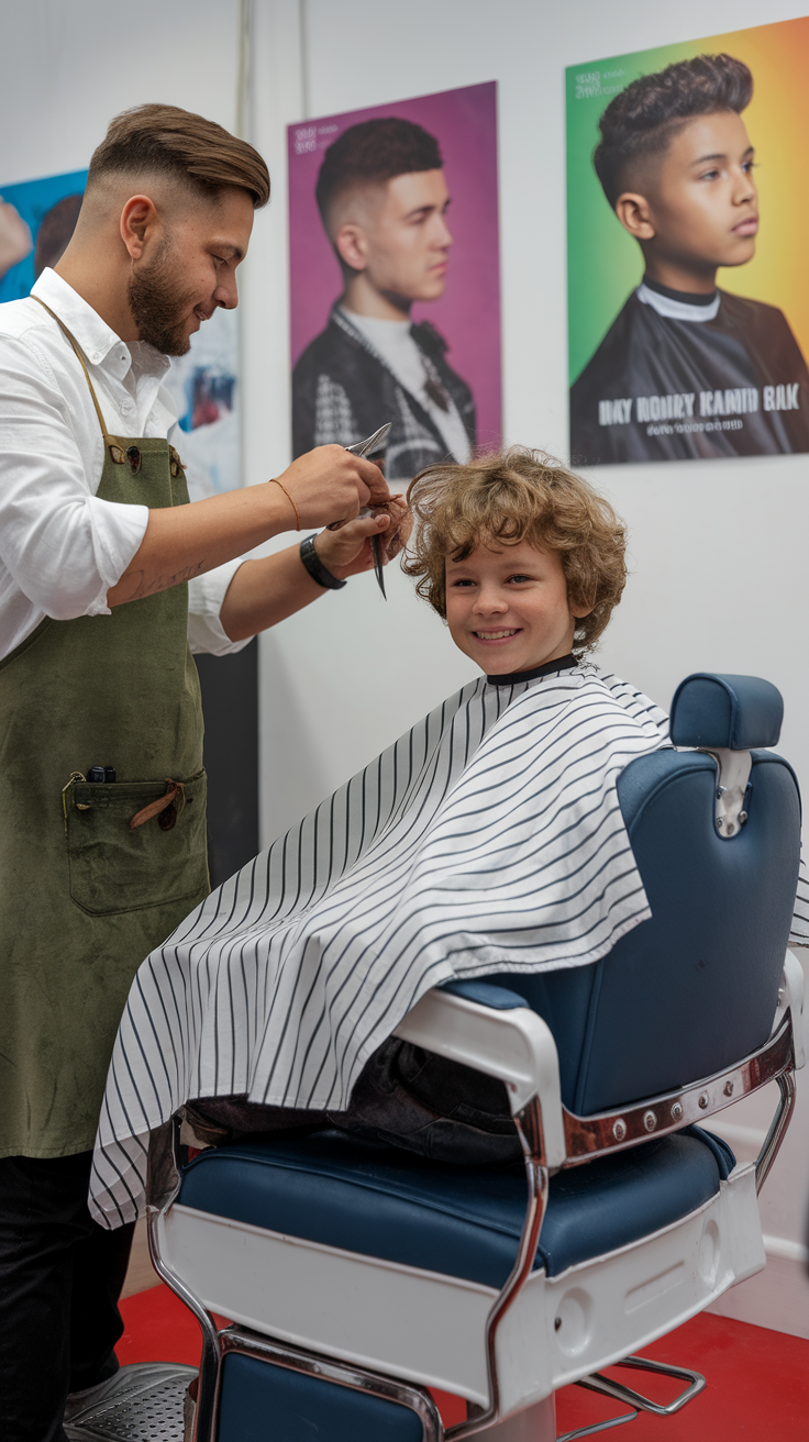 A young boy with curly hair getting a haircut at a salon.