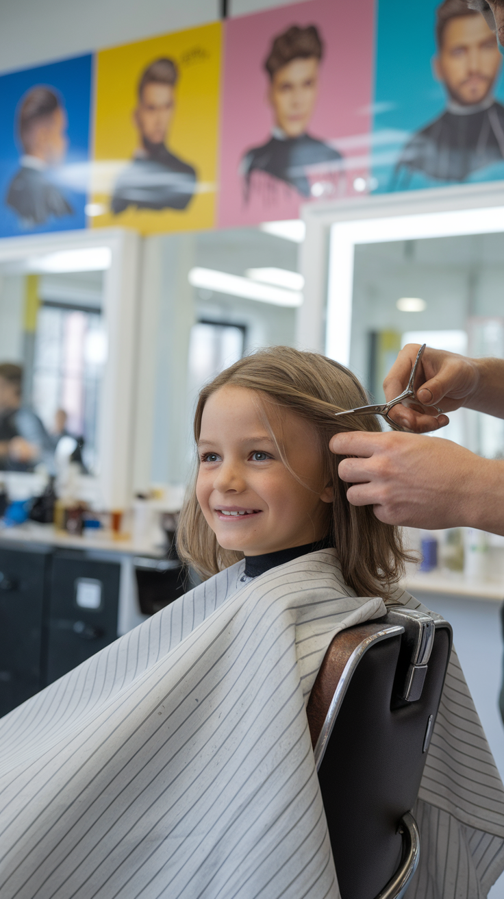 A young boy getting his long hair cut at a barbershop, smiling while the barber uses scissors.