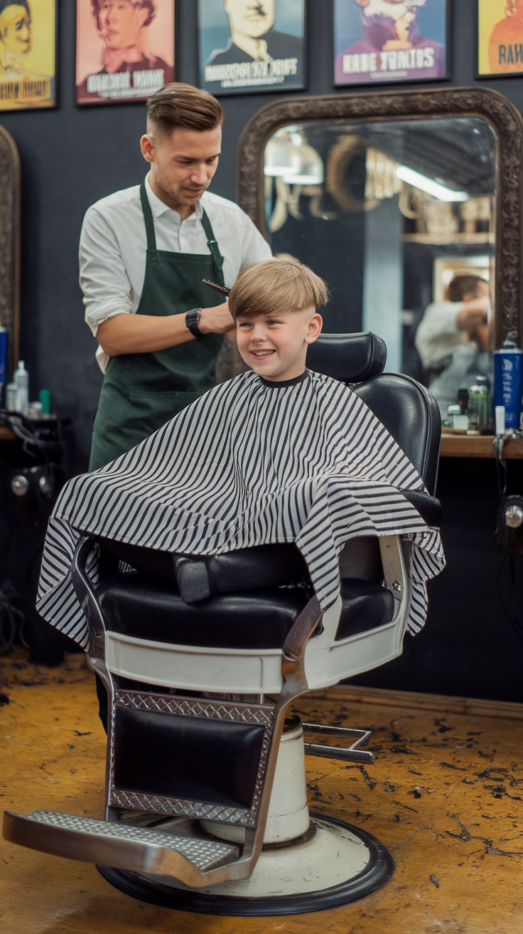 A young boy smiling in a barber chair, getting a haircut.