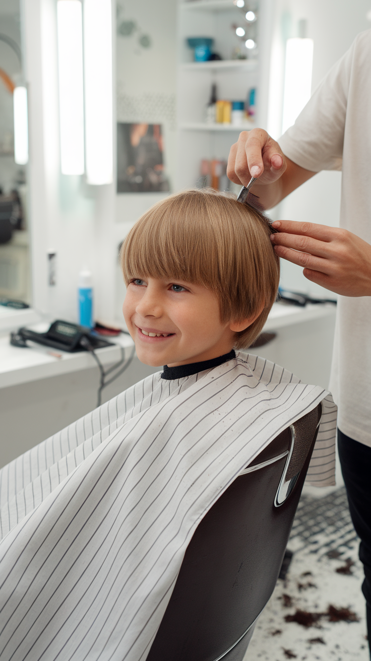 A young boy getting a haircut with straight hair, smiling while sitting in a salon.