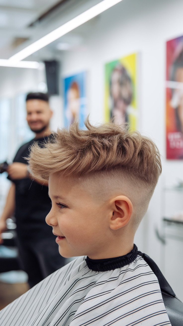 A young boy with a stylish haircut showcasing thick hair