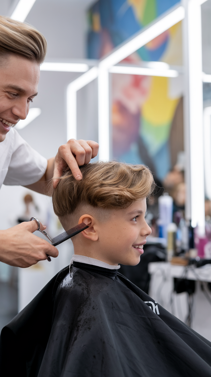 A boy getting a haircut with wavy hair.