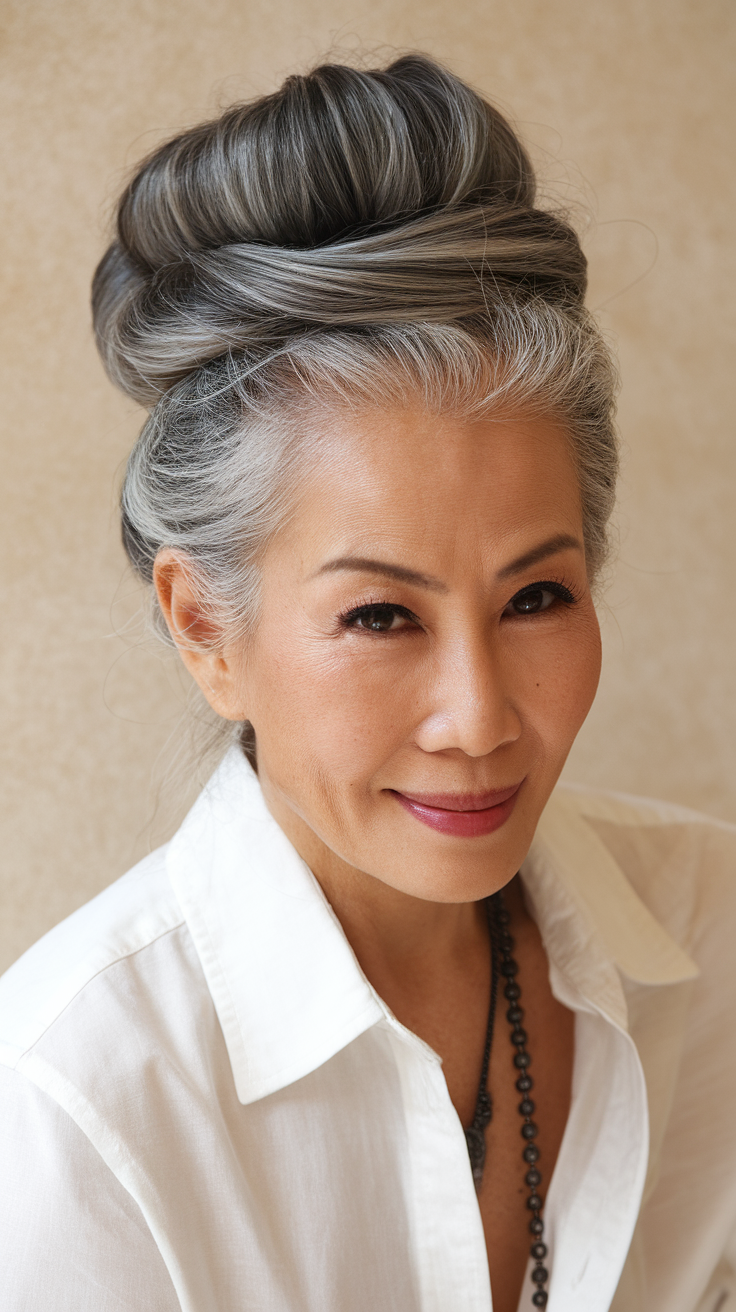 A 60-year-old Asian woman with a stylish bun hairstyle, wearing a beige sweater and smiling outdoors.