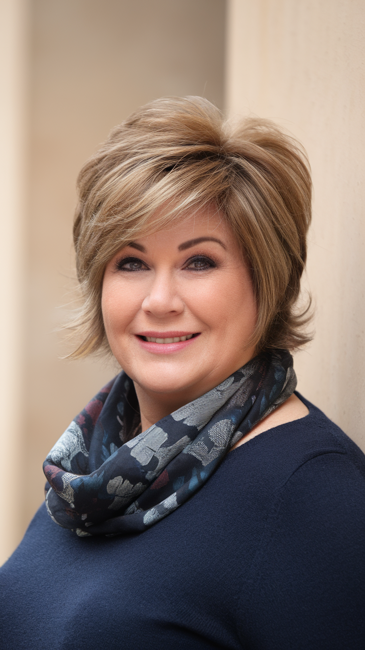 A smiling woman with a layered bob hairstyle and a scarf.