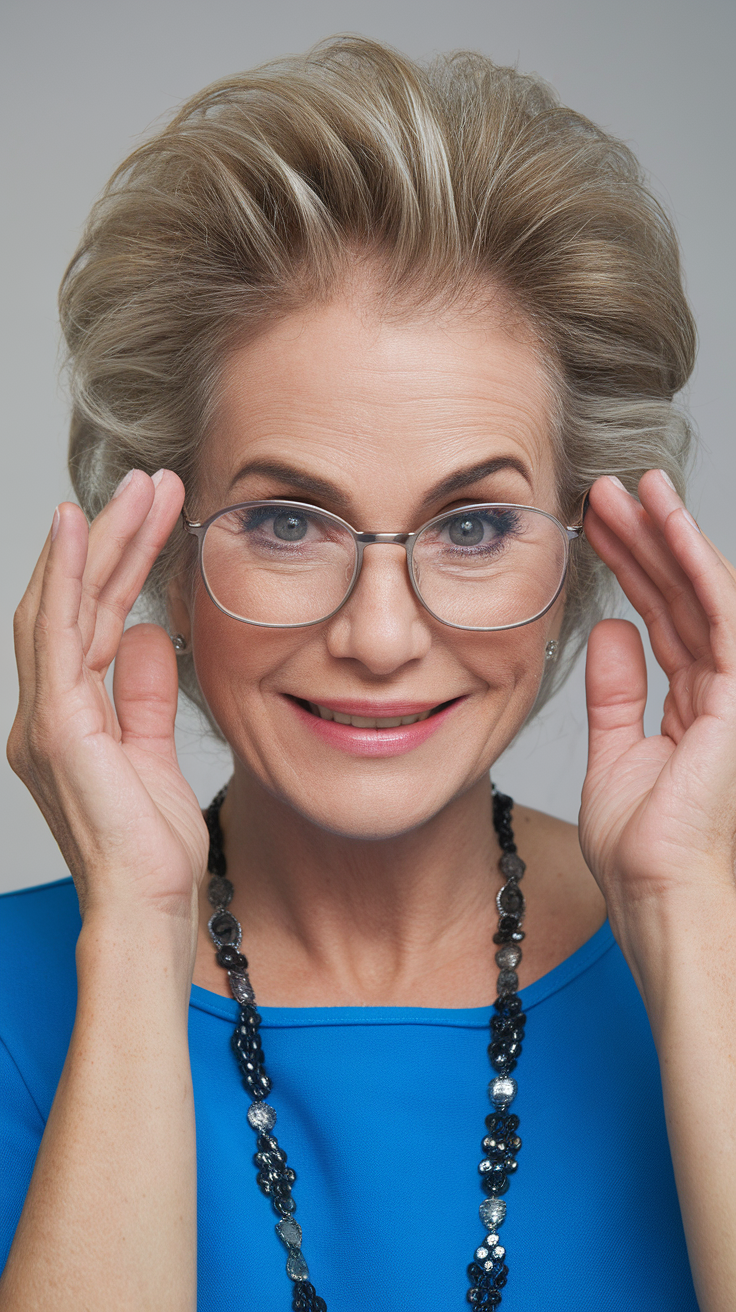 A woman with stylish glasses and a voluminous hairstyle, smiling and looking confident.