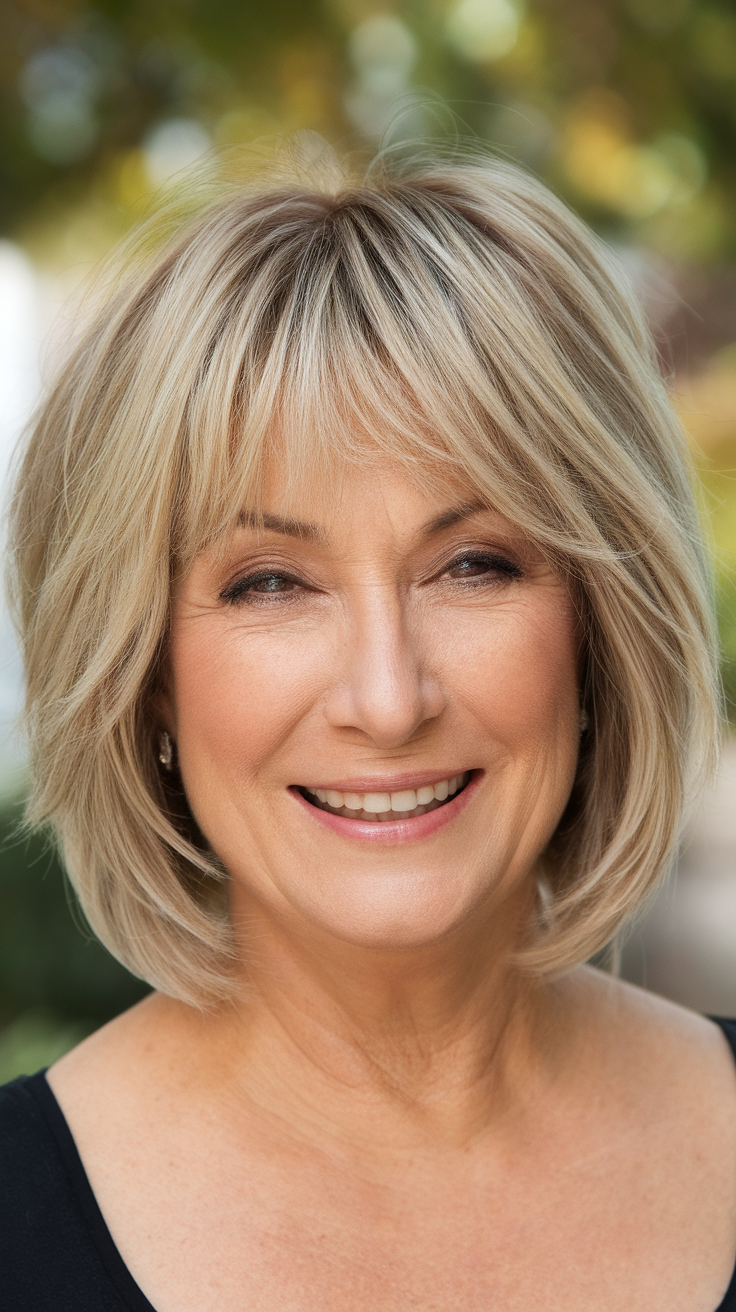 A woman with a layered bob hairstyle, smiling.