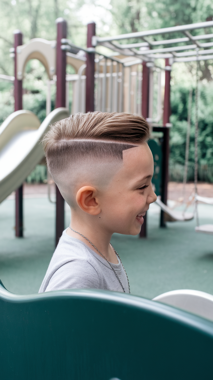 A boy with a high fade haircut playing at a playground