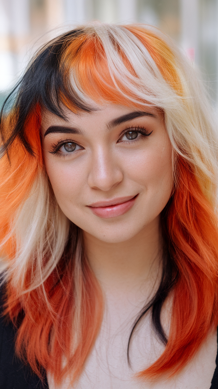 A woman with a jellyfish cut featuring calico hair colors.