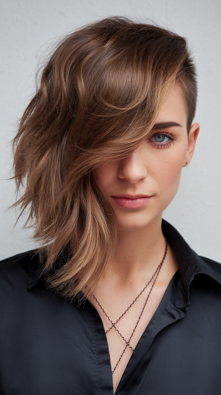 Asymmetrical kitty cut hairstyle showcasing long waves on one side and a short cut on the other, styled elegantly.