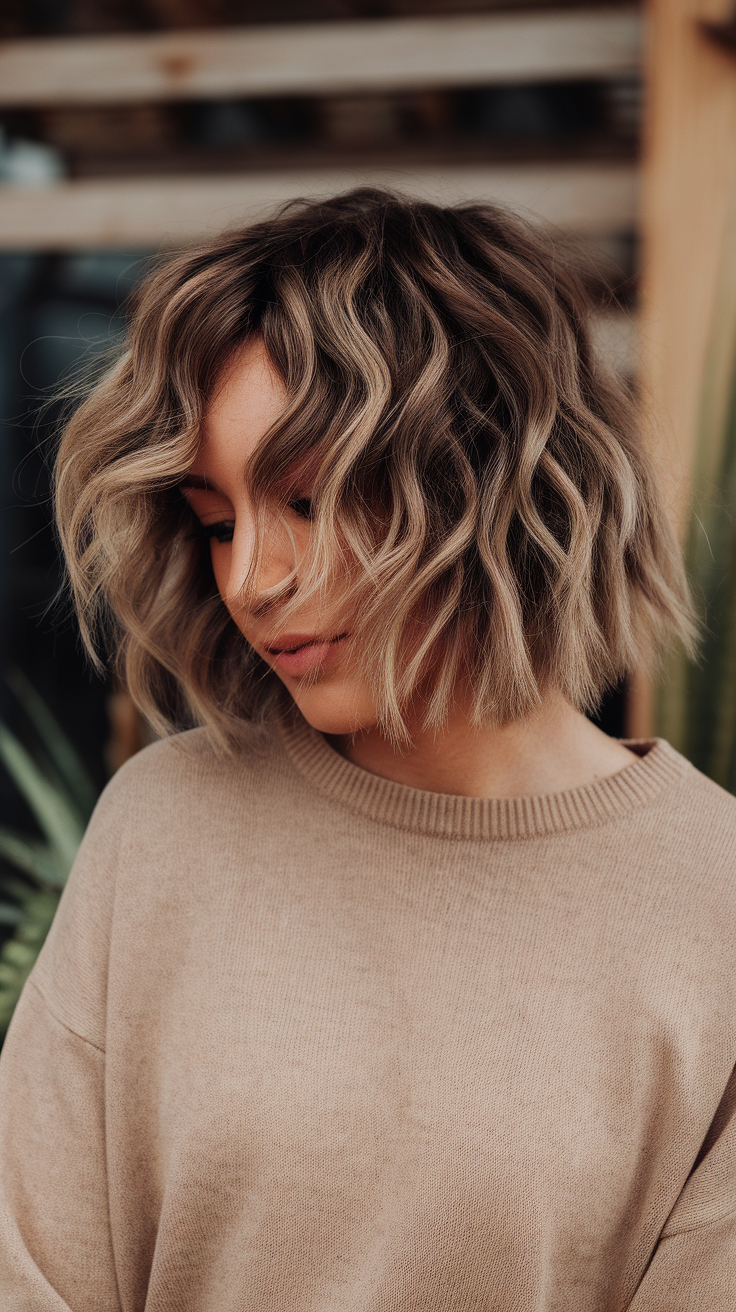 A woman with a kitty cut hairstyle featuring soft waves and balayage hair, wearing a beige sweater.