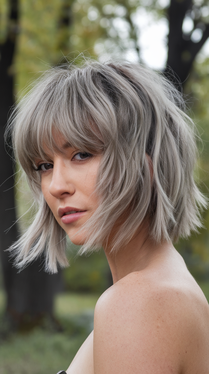 A woman with a stylish kitty cut hairstyle featuring bangs and soft layers.