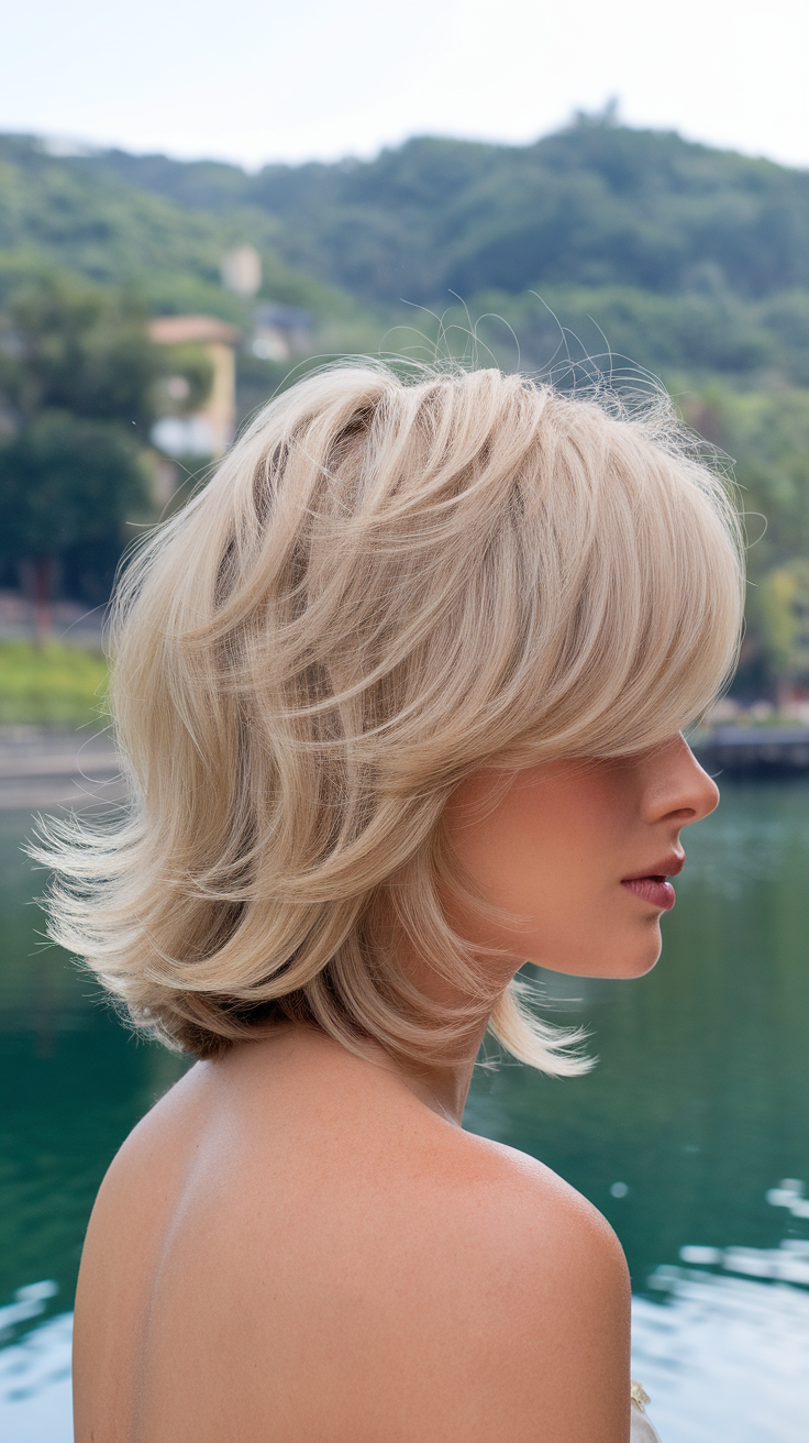 A side profile of a woman with blonde kitty cut hairstyle, showcasing soft layers and volume.