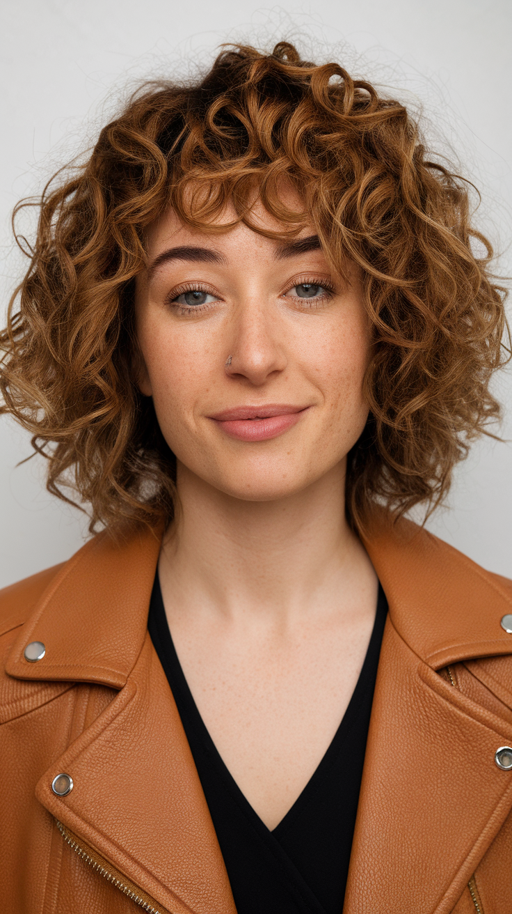 A woman with curly hair wearing a stylish kitty cut hairstyle