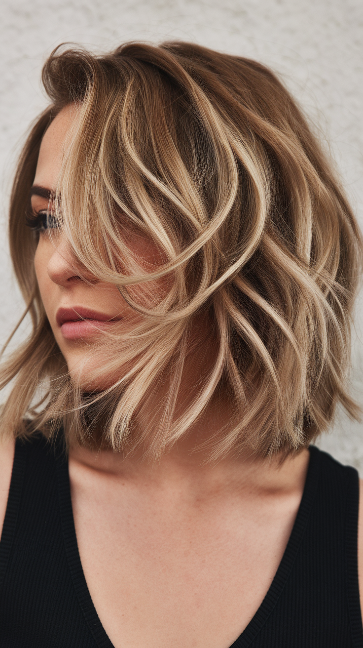 A close-up view of a woman with a kitty cut hairstyle, featuring soft waves and layered texture.