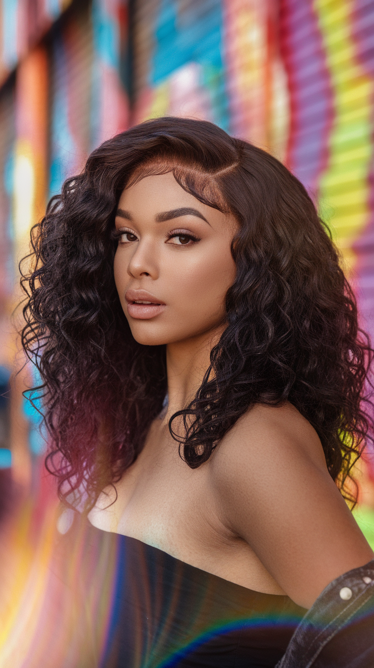 A woman showcasing a beautiful lace frontal hairstyle with curls.