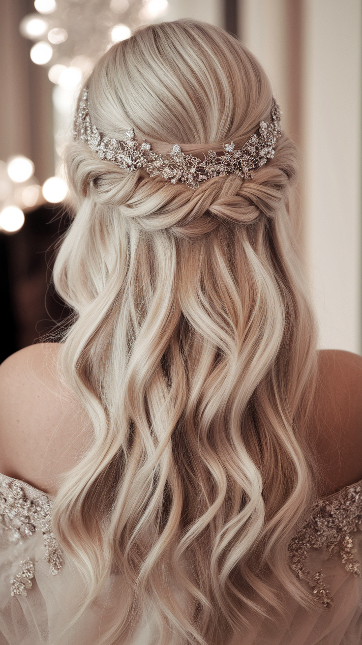 Elegant lace frontal hairstyle with soft waves and a sparkly hairpiece.