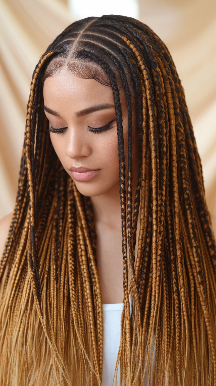 A woman with a lace frontal hairstyle featuring intricate braids, showcasing a blend of dark and light brown colors.