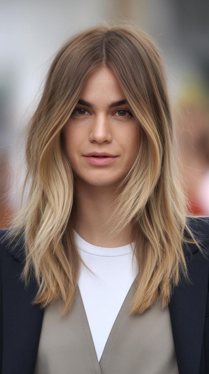 Woman with long layered hair, featuring soft waves and natural highlights.