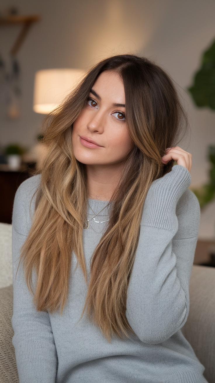 Woman with long wavy hair styled in layers, wearing a light grey sweater.