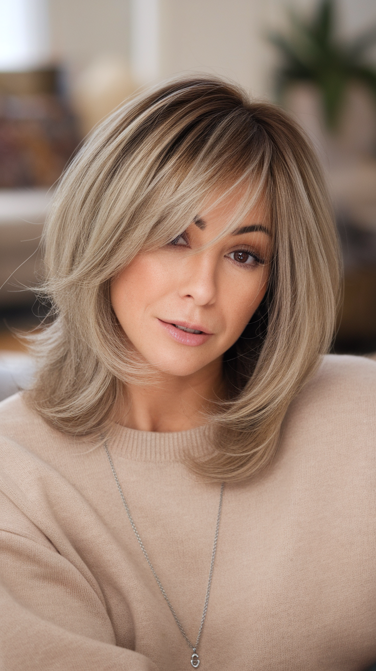 A woman with a stylish layered haircut, showcasing dimension and volume.