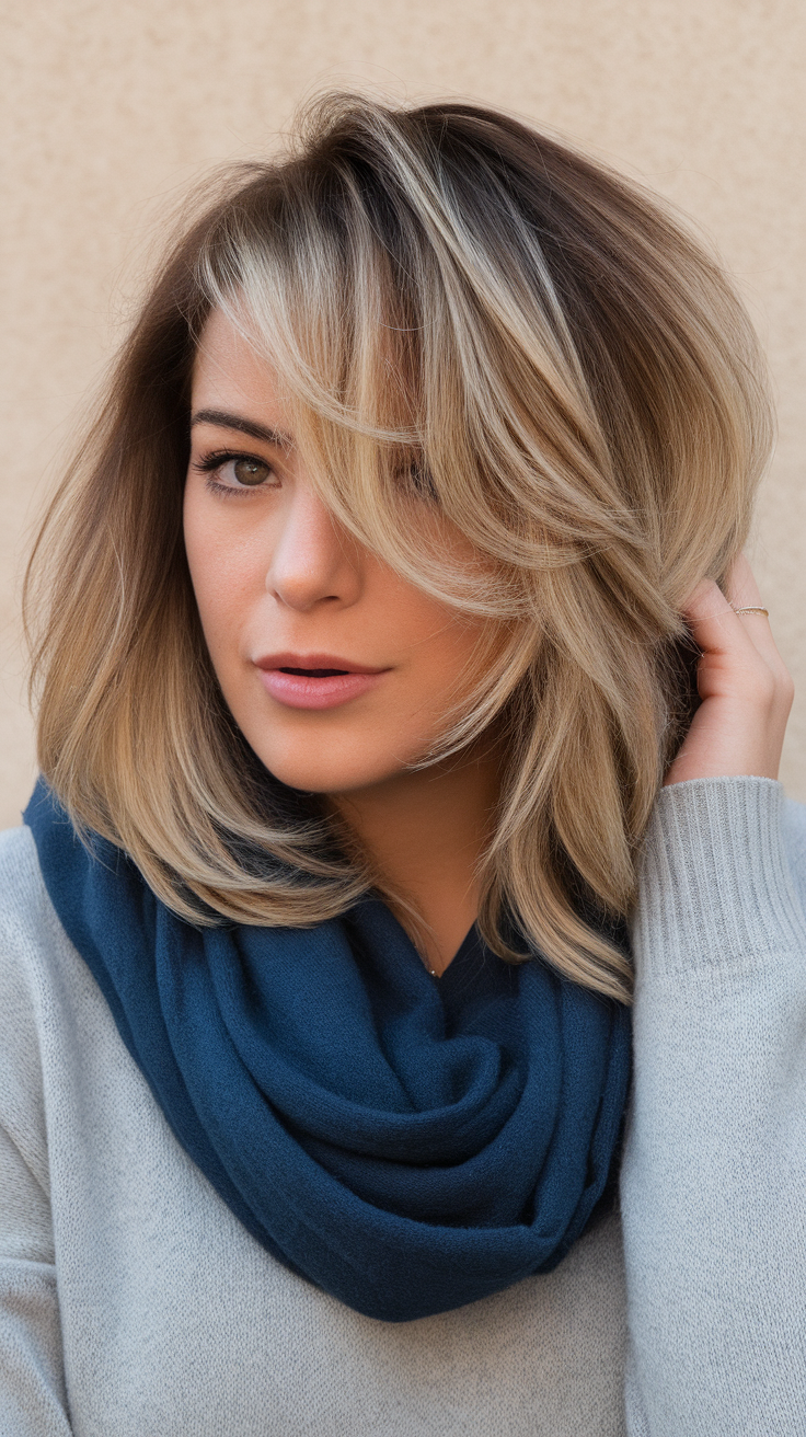 A woman with shoulder-length layered hair and a scarf, showcasing a modern haircut.