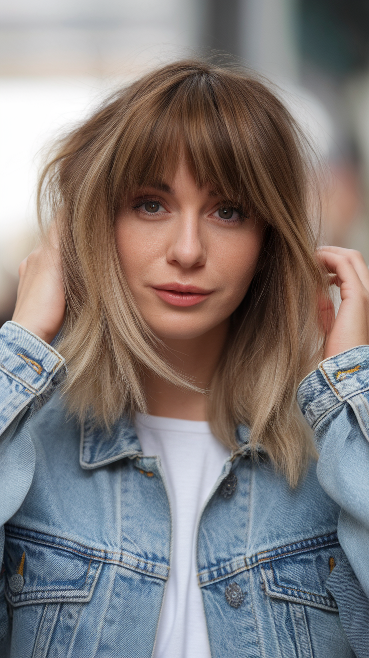 A woman with a layered haircut and bangs, wearing a denim jacket, looking confidently at the camera.