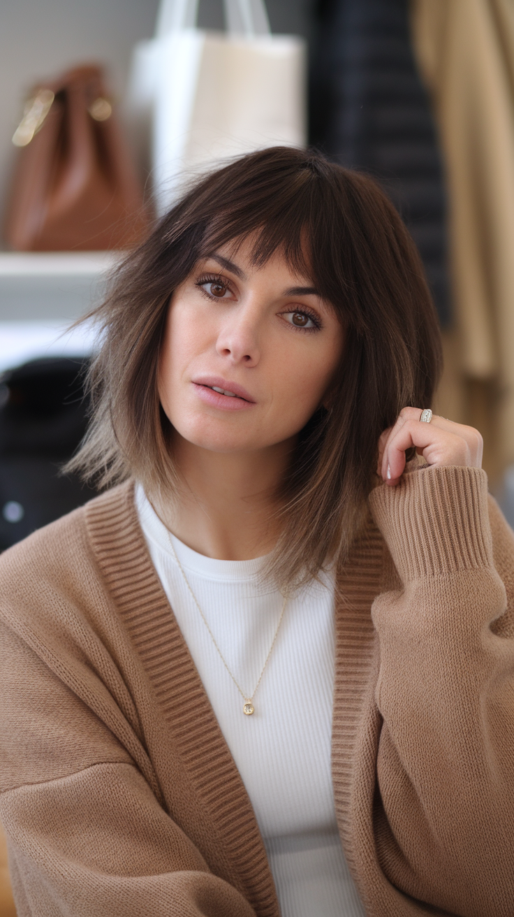 Woman with layered haircut and curtain bangs, wearing a cozy cardigan and a simple necklace.