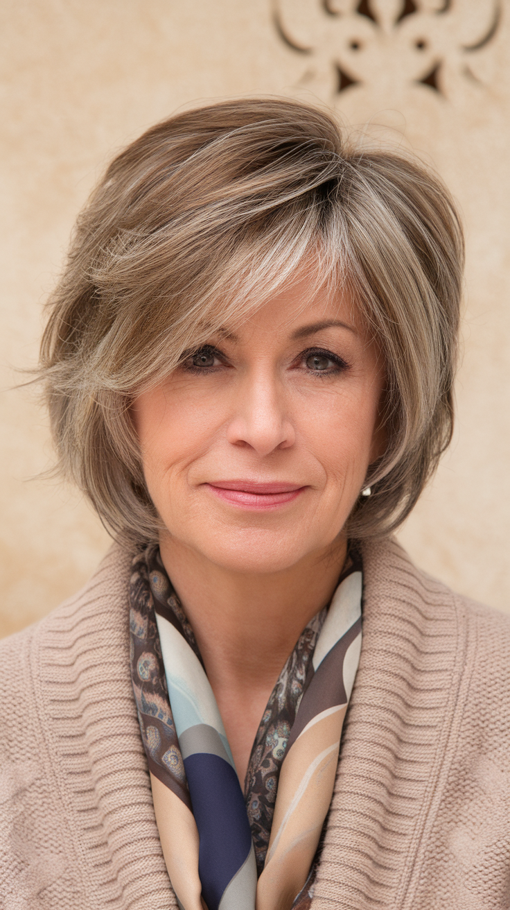 A woman with a layered hairstyle, smiling happily outdoors.