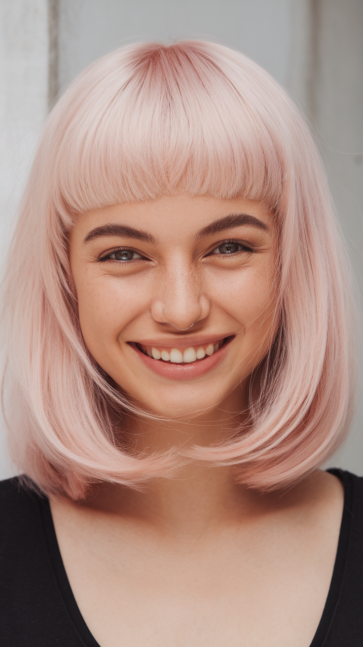 A woman with a light pink wolf cut hairstyle, smiling at the camera.