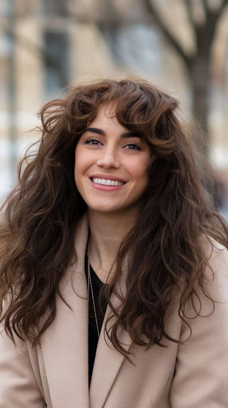 A woman with long curly hair styled in a wolf cut, smiling outdoors.