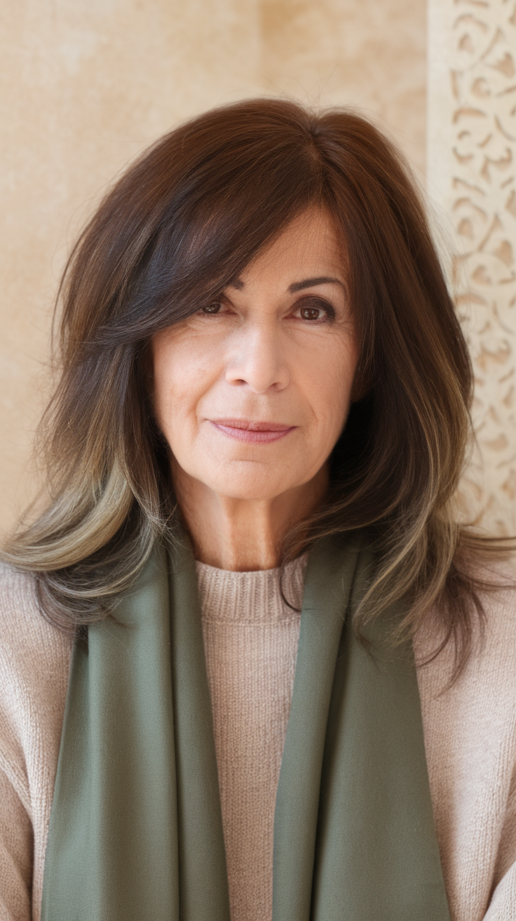 A woman with long, flowing hair, smiling confidently.