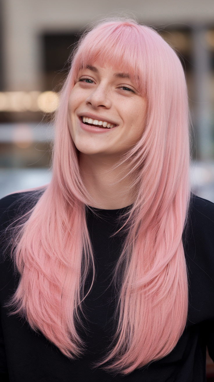 A person with long pink hair styled in a wolf cut, smiling brightly.