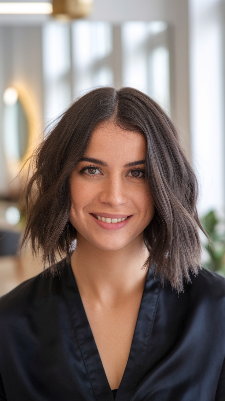 A woman with a medium choppy bob hairstyle in a modern salon setting.