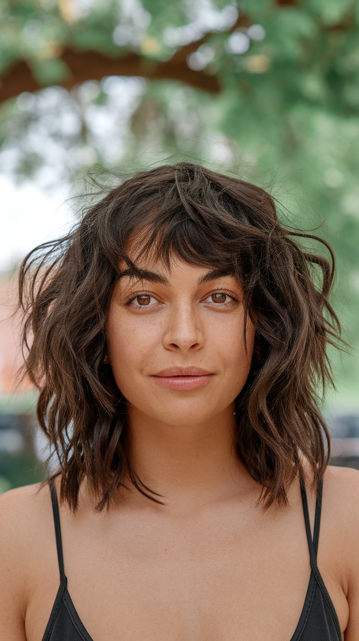 A woman with a medium curly wolf cut and bangs, smiling softly.