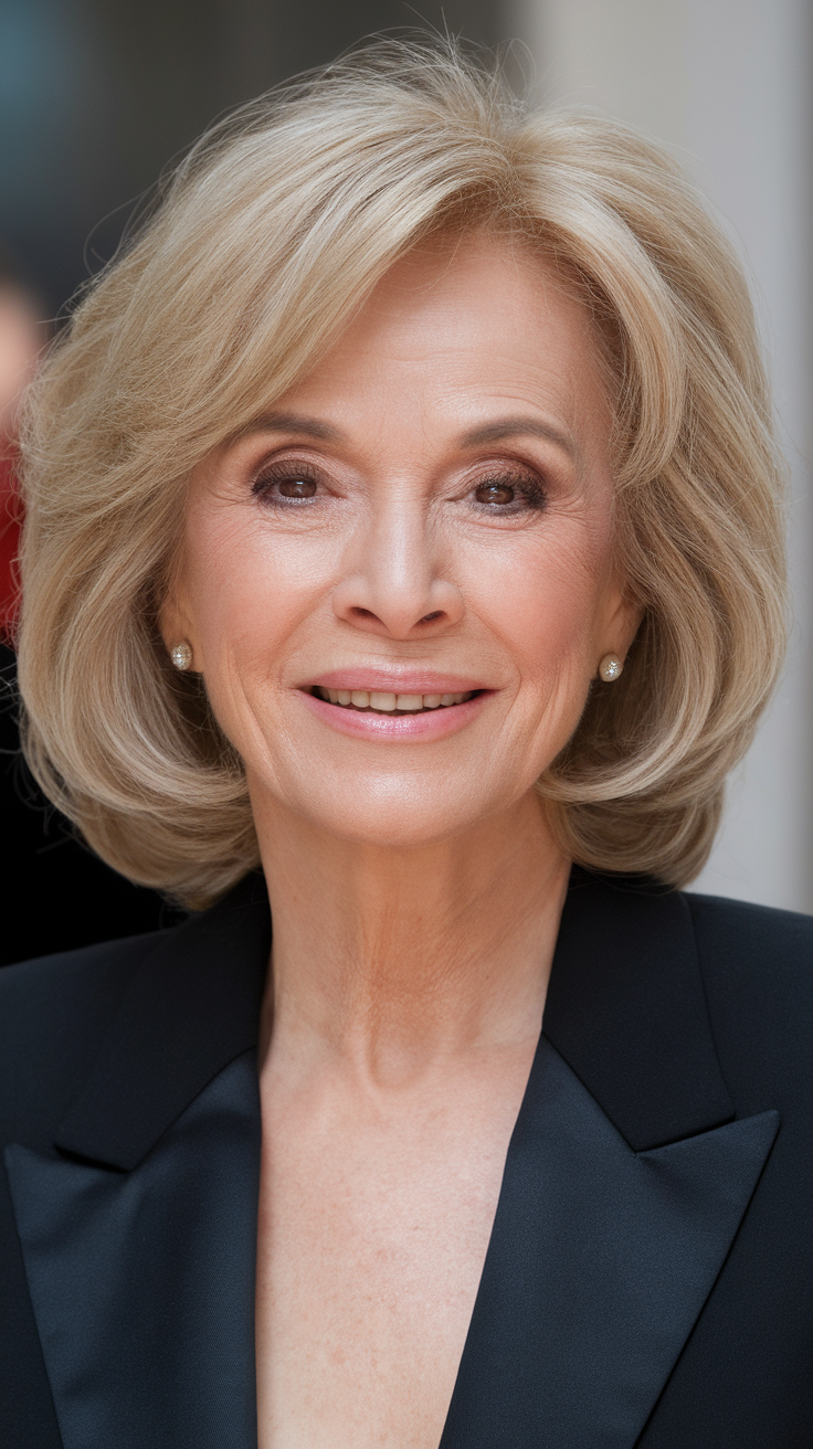 A woman with a medium-length hairstyle, looking sophisticated and elegant.