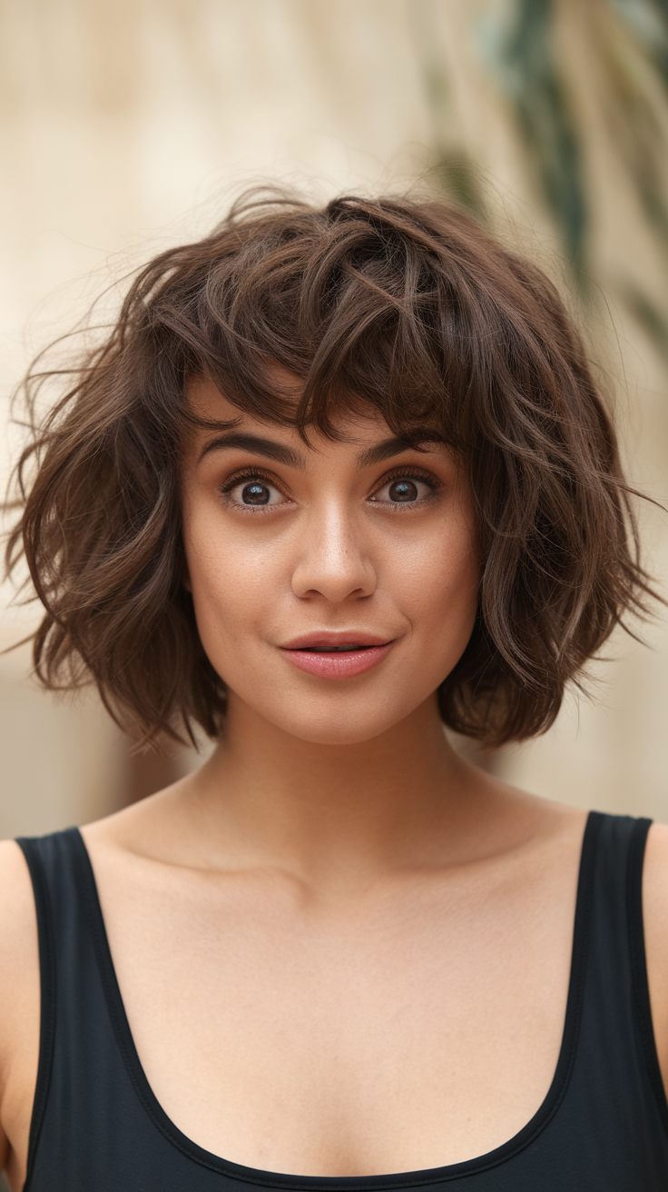 A person with medium length curly wolf cut hairstyle, showcasing bouncy curls and a friendly expression.