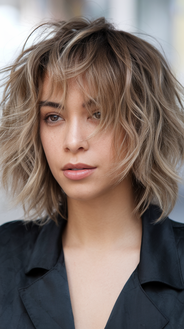 A woman with medium shag haircut, showcasing curly hair with layers.