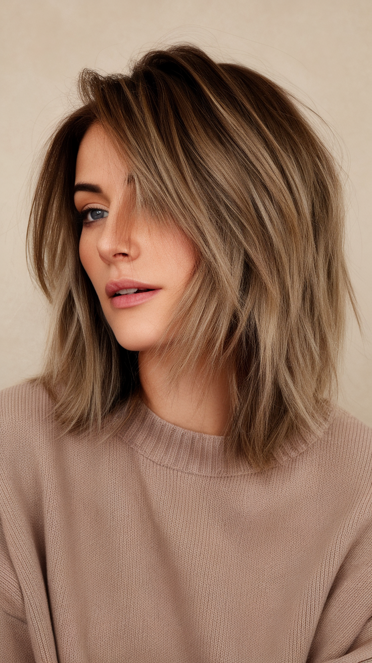 A woman with medium shag haircut, showcasing layers and texture