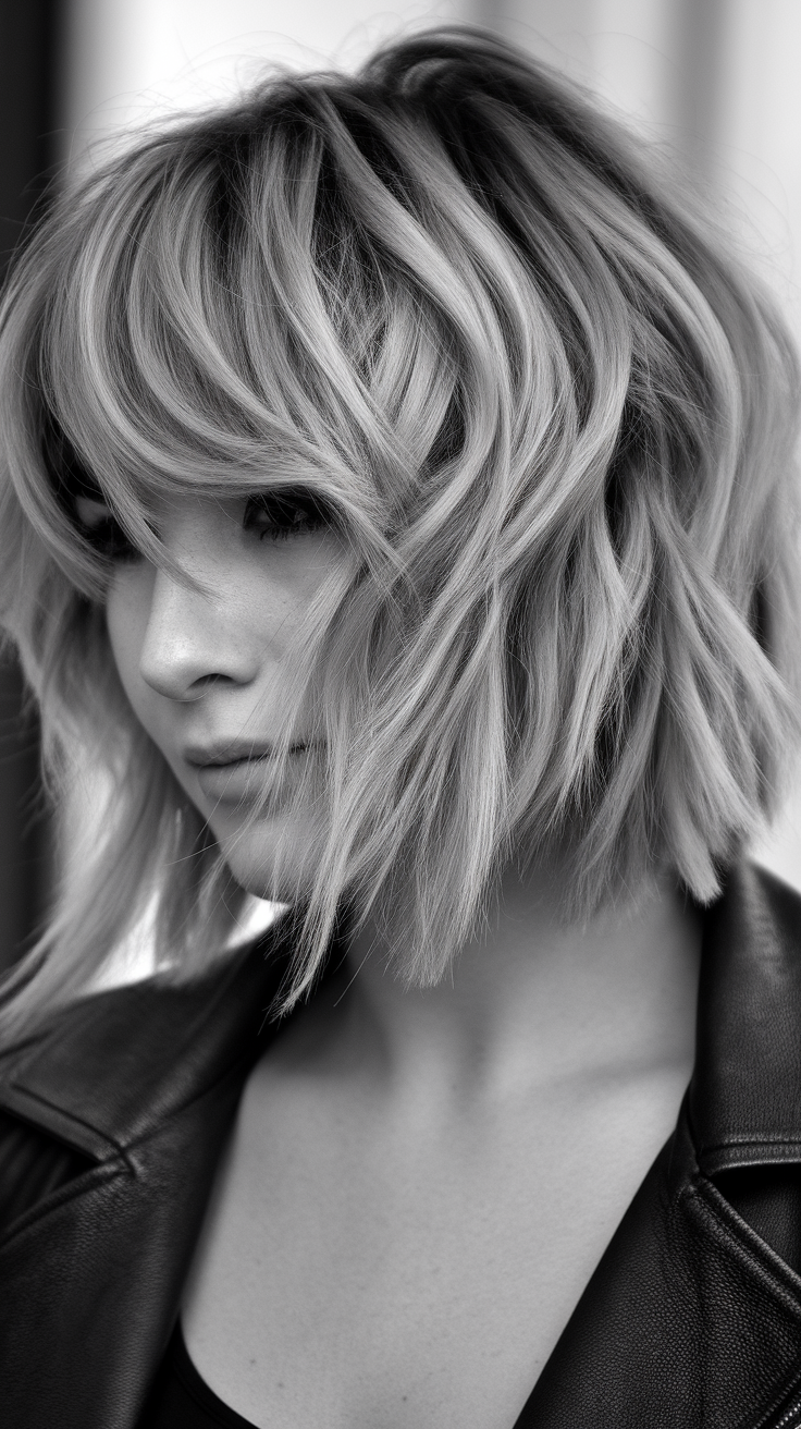 A close-up of a person with a medium shag haircut, showcasing textured layers and soft waves.