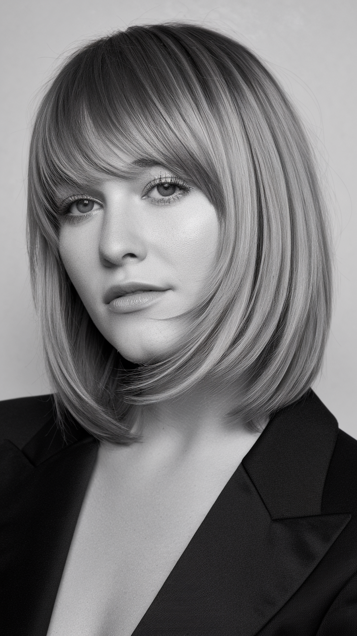 A woman with a medium shag haircut, featuring straight hair and soft bangs, wearing a black blazer.