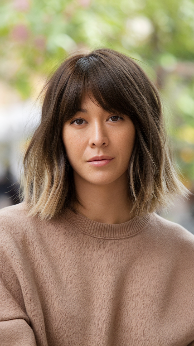 A person with medium shag haircut, wearing a beige sweater, looking directly at the camera.