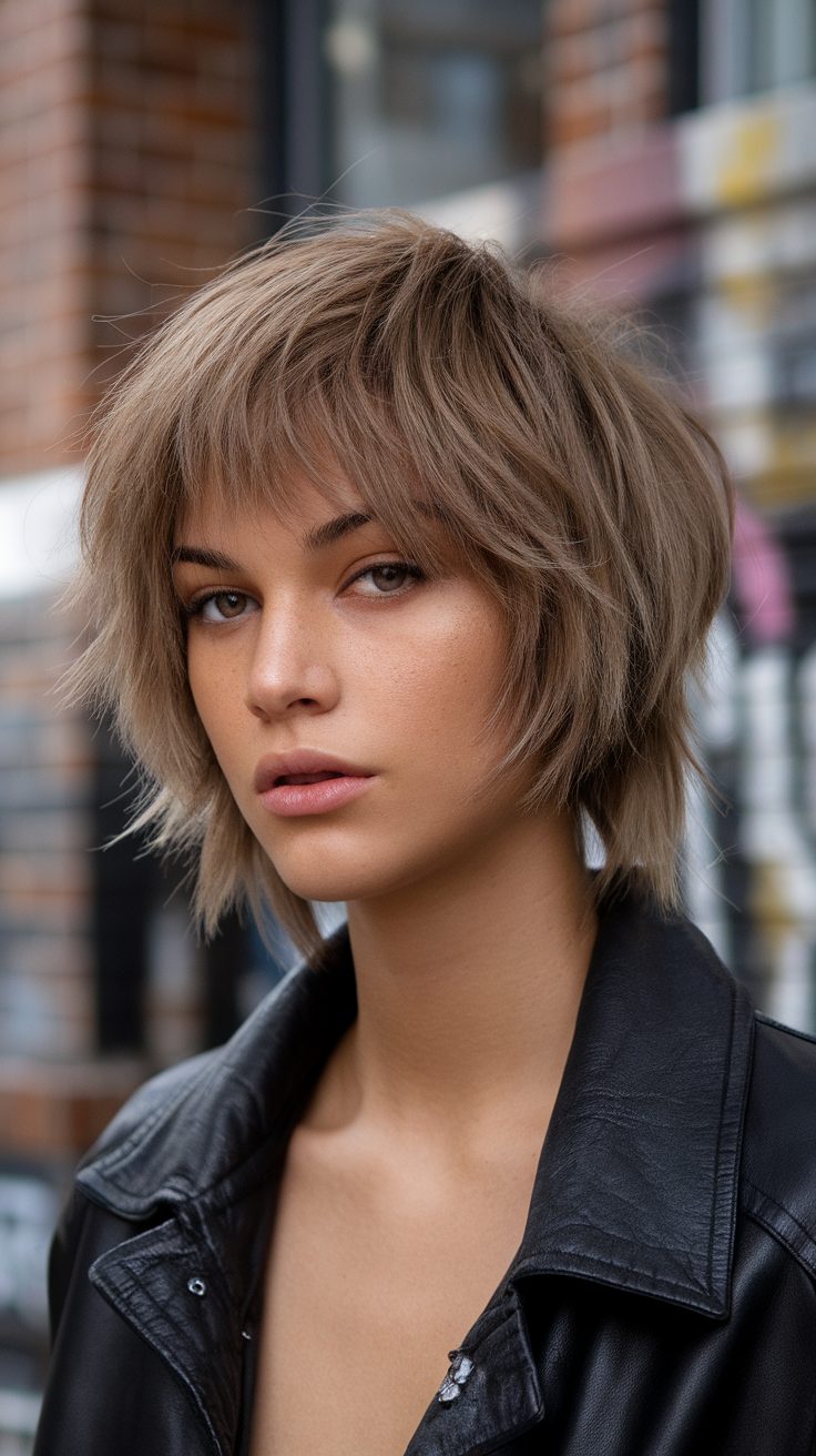 A young woman with a messy choppy bob hairstyle, wearing a black leather jacket.