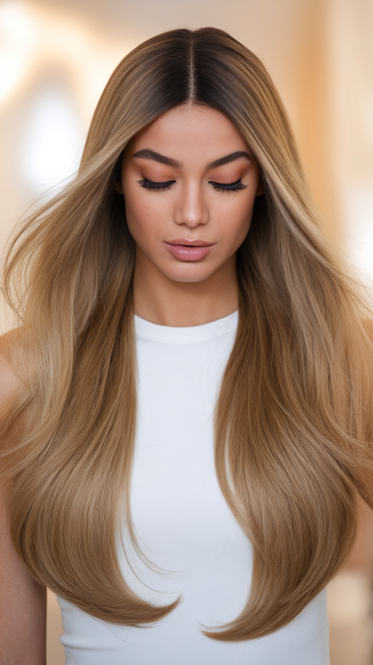 A woman with long, straight hair styled in a middle part lace frontal hairstyle