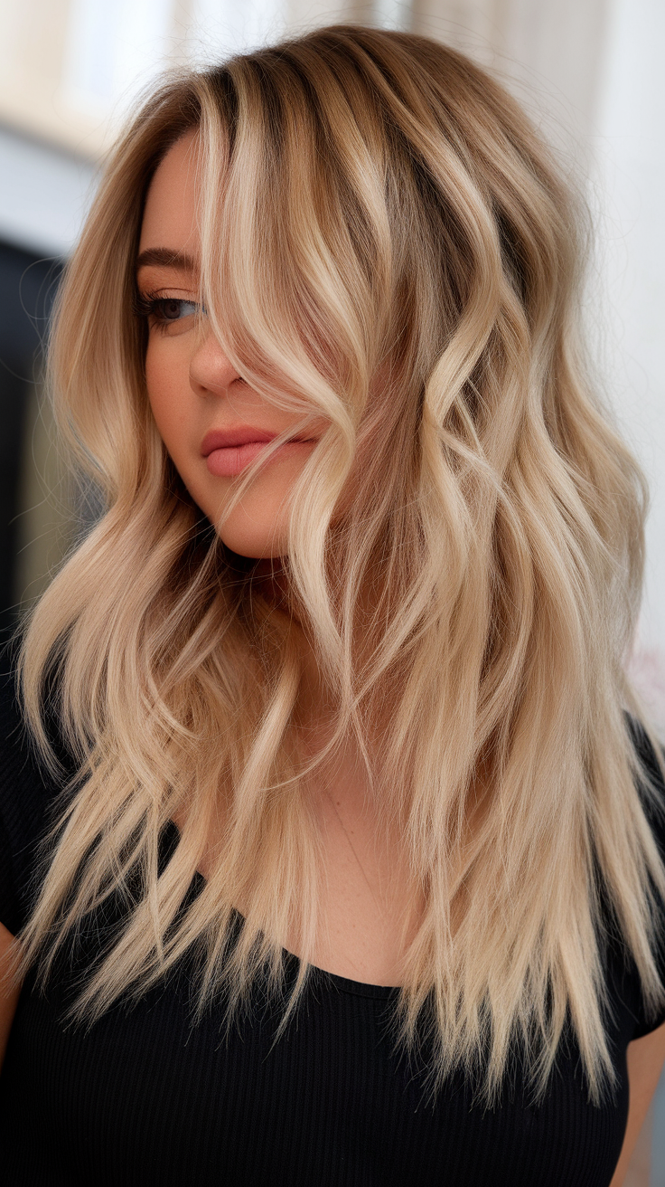 A woman with wavy, old money blonde balayage hair, wearing a black top.