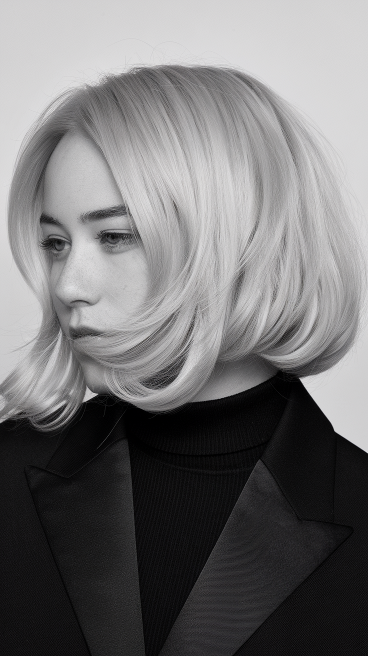 A woman with a sleek blonde bob hairstyle, styled elegantly.